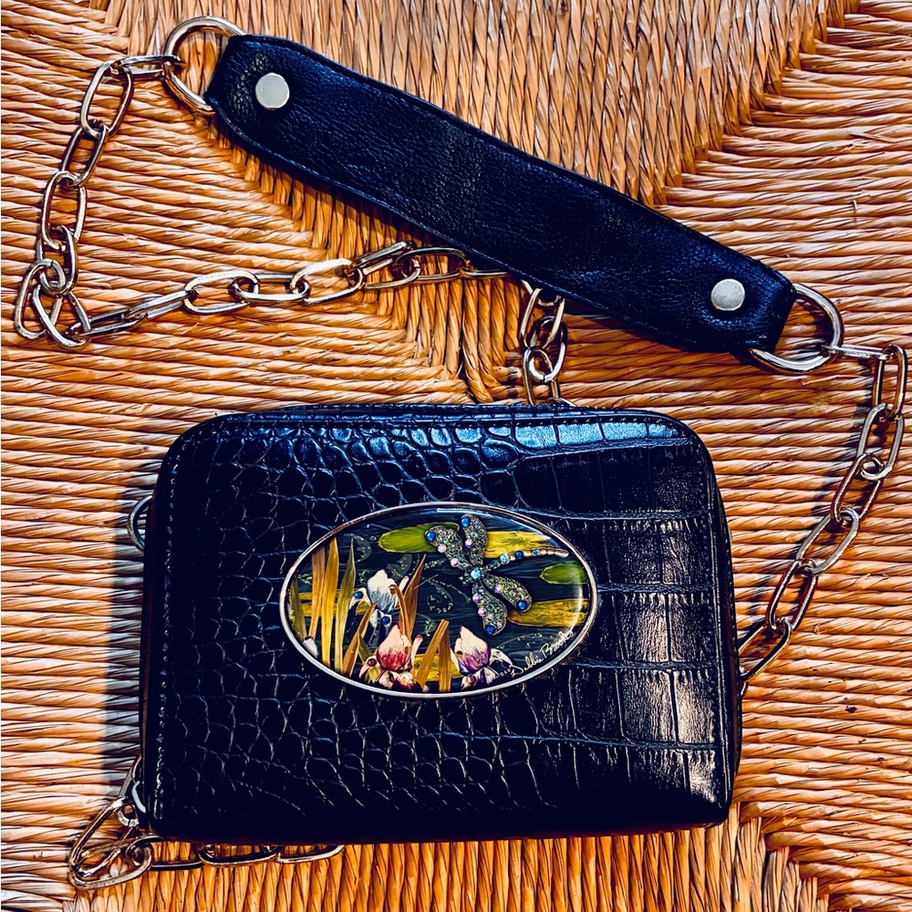 Debbie Brooks Small Black Crocodile Embossed Leather Mini Bag w Phone Holder